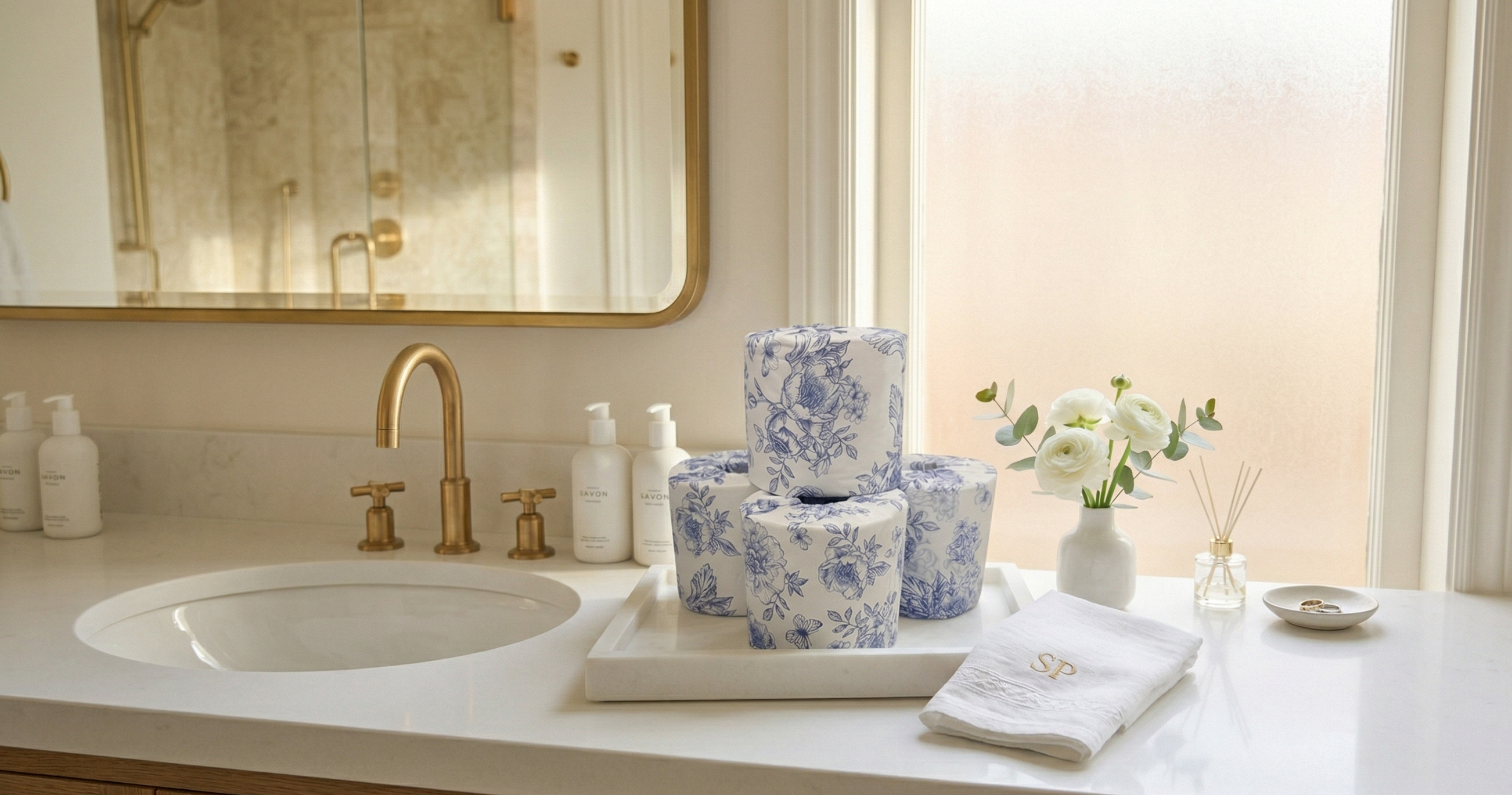 Luxury home staging bathroom essentials featuring Stay Papier.