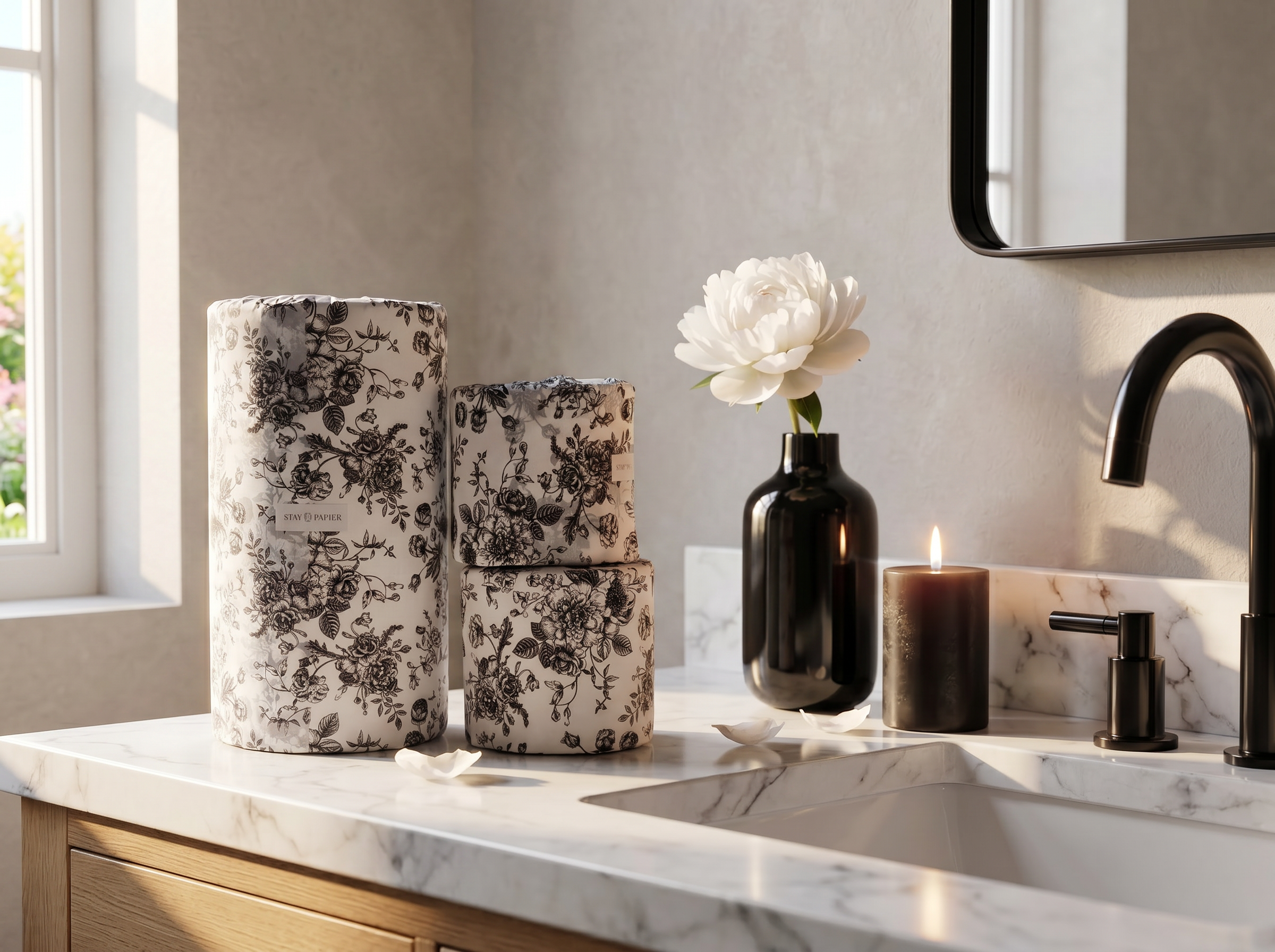 A stack of 'Stay Papier' brand toilet paper and paper towels wrapped in black and white floral toile pattern, sitting on a marble countertop in a bright kitchen.