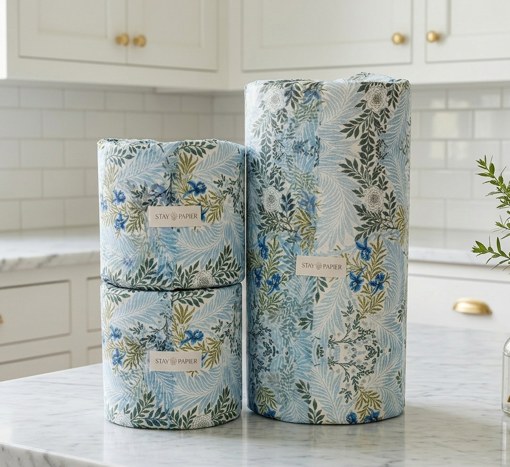 staged Stay Papier tissue wrapped luxe paper towel roll and two toilet paper rolls. Background is a high end luxury home.