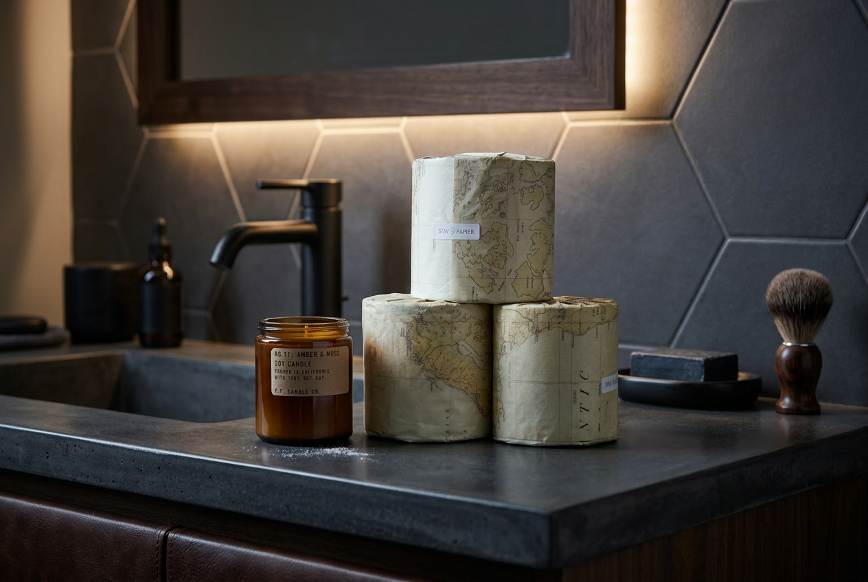 Moody home decor with an amber candle, men's shaving tools, with underlighting in a stylish bathroom. Accented on the counter are three Stay Papier bath tissue rolls wrapped in an antique map print. These add sophistication to the high end bathroom decor.