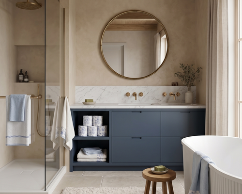 Stay Papier Blue Floral Toile bath tissue rolls curated in a Modern Heritage bathroom. The designer-wrapped rolls are tucked into a deep navy vanity shelf, complementing a luxury spa-like atmosphere with marble countertops, warm wood ceilings, and brass fixtures for high-end home staging.