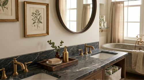 Quiet luxury bathroom design with the Stay Papier Signature Kit. Includes designer-wrapped paper towels and bath tissue with a green leaf pattern, complementing a minimalist aesthetic and high-end finishes